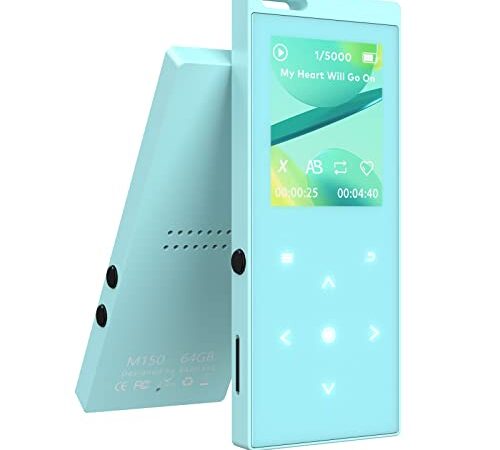 64GB MP3 Player mit Bluetooth 5.2. 1.8" Lossless Portable Music Player mit eingebauten Lautsprechern, FM Radio, Aufnahme, E-Book, Unterstützung von bis zu 128GB (Kopfhörer enthalten)