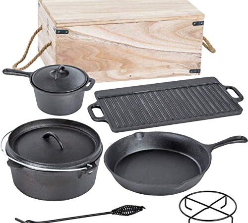 ACTIVA 7-teiliges Dutch Oven Set in Holzkiste, Gusseisen, mit Kochtopf, Stieltopf, Grillplatte, Pfanne, Deckelheber und Untersetzer