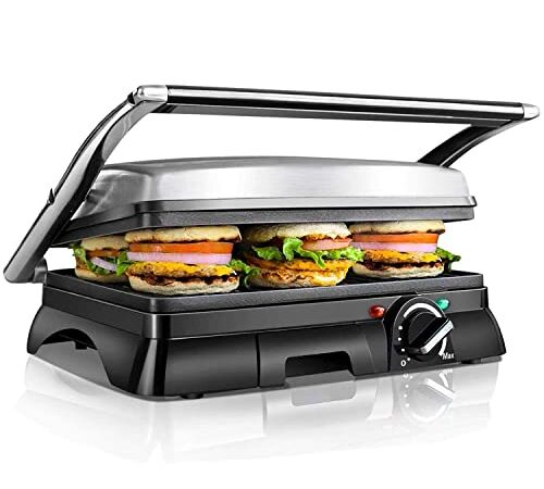 Aigostar Samson 30KLU- XXL Kontaktgrill Panini Grill,Sandwich Maker,2000 Watt, antihaft beschichtetes Edelstahl, 180 Grad aufklappbar, Temperaturkontrolle, EINWEGVERPACKUNG.