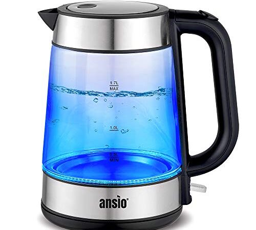 ANSIO Wasserkocher Glas,1.7 Liter Wasserkocher mit LED-Beleuchtung Sockel, Abschaltautomatik, Trockenlaufschutz, Kalkfilter, 360° Basis, Tragbarer 2200 Watt Elektrischer Teekocher