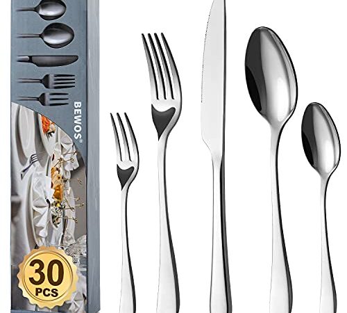 BEWOS Besteck Set für 6 Personen, 30 teilig Essbesteck Set inkl. Messer, Gabel, Löffel, Besteck Edelstahl Spiegelpoliert, Spülmaschinenfest