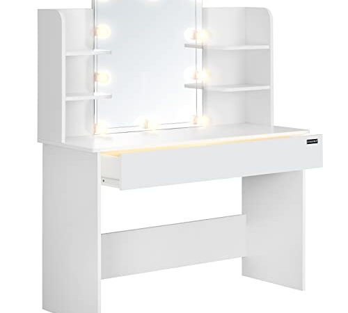 Casaria Schminktisch Lucia mit LED Beleuchtung 140x40 cm Spiegel Schublade 3 Fächer Ablagen Schlafzimmer Frisiertisch Schminkkommode Make-up Holz Weiß