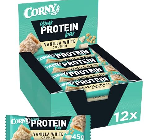 CORNY Protein-Riegel Vanilla White Crunch, 30% Protein, ohne Zuckerzusatz, 12 x 45g