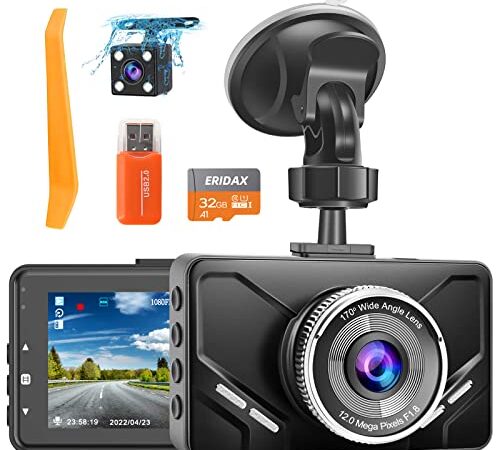 Dashcam Auto Vorne und Hinten, Dual Dashcam, Autokamera mit SD-Karte, FHD 1080P, 3 Zoll IPS Bildschirm, Nachtsicht, 170° Weitwinkel, G-Sensor, Loop-Aufnahme, Bewegungserkennung, Parküberwachung, WDR