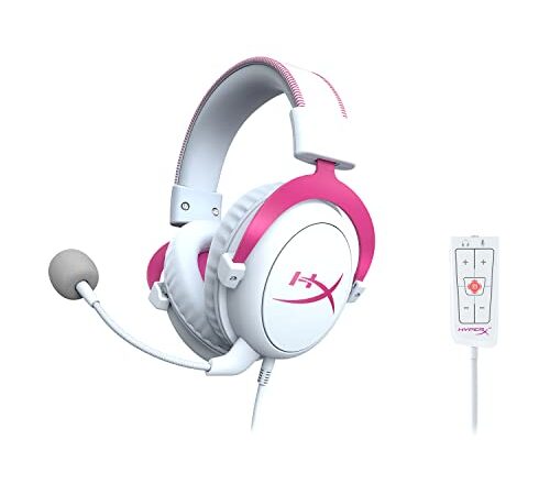 HyperX Cloud II - Gaming-Headset, 7.1 virtueller Surround-Sound, Memory-Schaum-Ohrpolster, robuster Aluminiumrahmen, abnehmbares Mikrofon, funktioniert mit PC, PS5, PS4 - weiß/rosa