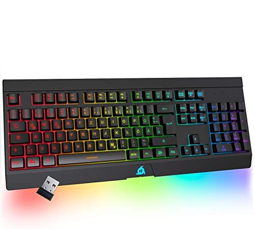 KLIM Rival kabellose Tastatur DE Layout + Gaming Tastatur, Leise, Spritzwassergeschützt, 25 Keys Anti-Ghosting + RGB Beleuchtung + Tastatur Kabellos + Wireless Keyboard für Laptop PC/Mac - NEU 2022