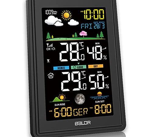 Konsen Wetterstation funk mit Außensensor Multifunktionale Funkwetterstation DCF Funkuhr Digital Thermometer Hygrometer mit Wettervorhersage, Schwarz