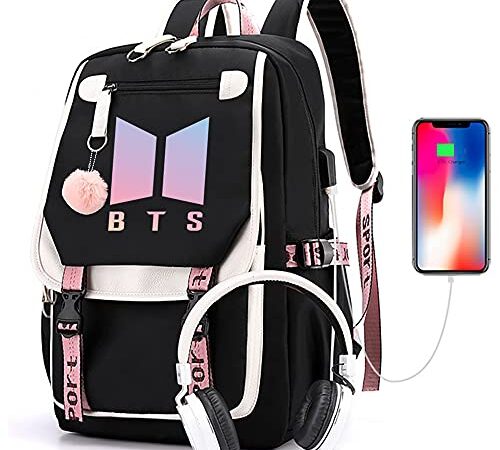 Kpop BTS School Backpack Merchandise, Features USB and Audio Cable Interface Breakers, Suitable For Students, BTS Laptop Backpacks and Casual Backpack