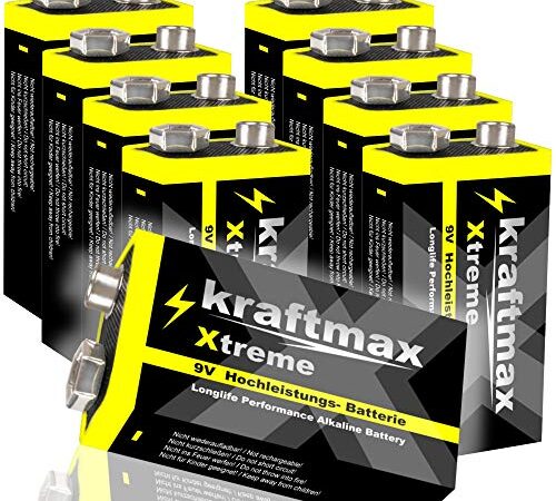 kraftmax 8er Pack Xtreme 9V Block Hochleistungs- Batterien ideal für 10 Jahres Rauchmelder - 6LR61 9 Volt Longlife Blockbatterie mit maximaler Lebensdauer