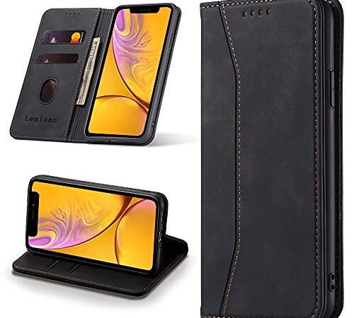 Leaisan Handyhülle für iPhone XR Hülle Premium Leder Flip Klappbare Stoßfeste Magnetische [Standfunktion] [Kartenfächern] Schutzhülle für iPhone XR Tasche - Schwarz