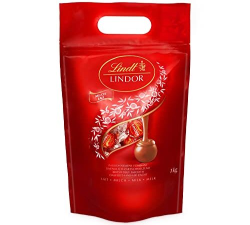 Lindt LINDOR Schokoladen Kugeln Vollmilch | 1 kg Beutel, wiederverschließbar | ca. 80 Schokoladen Kugeln Milch-Schokolade mit zartschmelzender Füllung | Großpackung, Pralinen-Geschenk