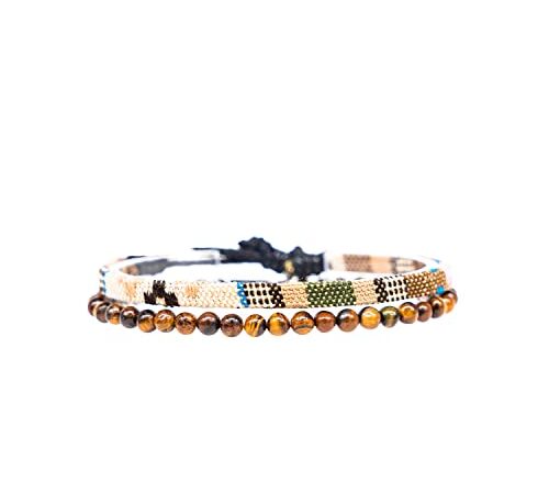 Made by Nami Boho Surfer-Armband 2er Set Herren & Damen - Handmade Strand Festival Accessoires - Azteken-Band Ethno Style - Männer Frauen Perlen-Armband - 100% Wasserfest (Safari & Tigerauge)