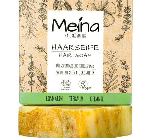 Meina Naturkosmetik - Bio Haarseife für fettiges Haar gegen Schuppen mit Teebaum, Zertifiziert, Vegan, Nachhaltig, Handgemacht, Plastikfrei, Ohne Palmöl, Wie ein festes Shampoo - 80g