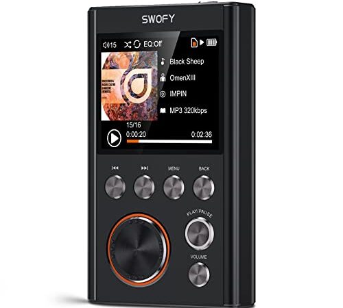 MP3-Player, verlustfreier DSD-DAC-HiFi-Musikplayer, tragbarer digitaler SWOFY-Audioplayer mit hoher Auflösung und 64-GB-Speicherkarte, Unterstützung von bis zu 256 GB, Schwarz