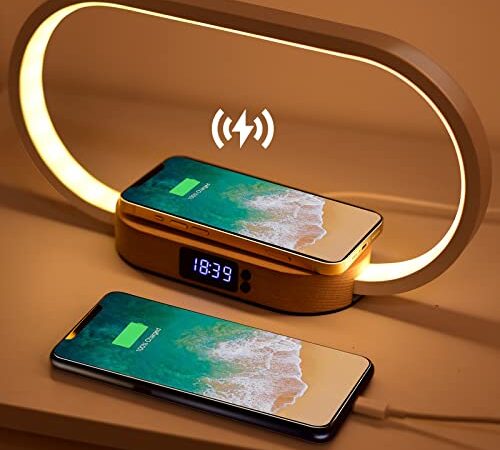 Nachttischlampe Touch Dimmbar, 10W Tischlampe mit kabelloses Ladegerät und USB-Aufladung, Schreibtischlampe mit Uhranzeige, Nachtlicht 3 stufige Helligkeit für Schlafzimmer Büro, Holz&Weiß