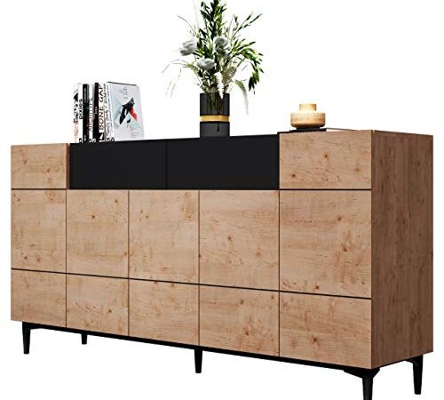 Newfurn Kommode Schwarz Wildeiche Sideboard Vintage Industrial - 180x90x42 cm (BxHxT) - Highboard Anrichte - [Nizza.Three] Wohnzimmer Schlafzimmer Flur Esszimmer