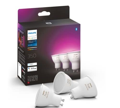 Philips Hue White und Color Ambiance GU10 LED Lampe, Dreierpack, dimmbar, bis zu 16 Millionen Farben, steuerbar via App, kompatibel mit Amazon Alexa (Echo, Echo Dot), Aluminium