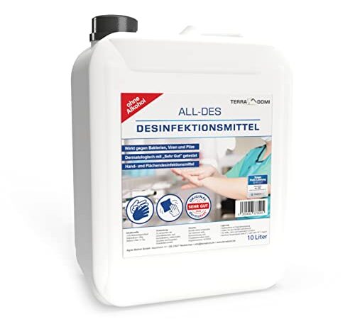 ***Preis-Leistungs-Sieger***TerraDomi All-Des 10 Liter Desinfektionsmittel ohne Parfüm für Hände und Flächendesinfektion gegen 99,9% aller Viren, Bakterien,Pilze und Sporen, Made in Germany