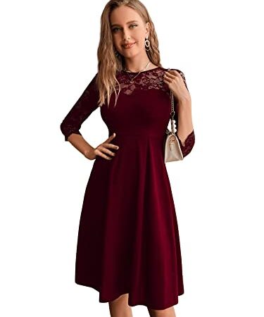 SheIn Damen Elegant Spitzenkleid Knielang 3/4 Arm Partykleid Rundhals Midikleid A-Linie Kleider Hohe Taille Abendkleid Skaterkleid Bordeaux L