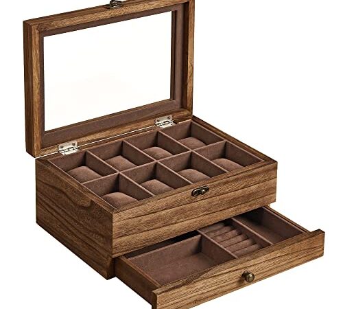 SONGMICS Uhrenbox mit 8 Fächern, Uhrenkasten aus Massivholz, mit Glasdeckel, für Ringe, Armbänder und Halsketten, Weihnachten, walnussfarben JOW008K01