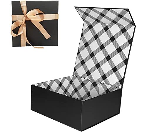 Tekhoho Quadratische Geschenkbox Schwarz, Magnetische Geschenkkarton mit Deckel, Faltschachtel Dekorative Box mit Schleifenband für Hochzeiten Geburtstage Geschenkverpackung, Kariertes Futter