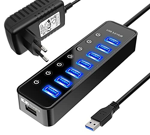 USB Hub Aktiv 3.0 mit Netzteil, 7 Ports USB 3.0 Hub aktiver Datenhub mit Schalter und 1 Intelligenter Charging Port und 20W(5V/4A) Netzteil Adapter