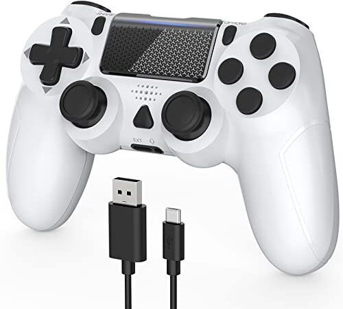 YCCTEAM Kabelloser Controller für PS4, Audio-Funktionen mit doppelter Vibration, Gamecontroller mit integriertem Akku, wiederaufladbar, für PS4/PS4 Slim/PS4 Pro Konsole – Weiß