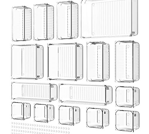 Yosemy 16stk Schubladen Ordnungssystem,Antirutsch Schublade Organizer Veranstalter mit 100stk Gummipuffer 5 Größen Transparente Getrennte Aufbewahrungsboxen für Küche Schminke Büro Stiftablagen