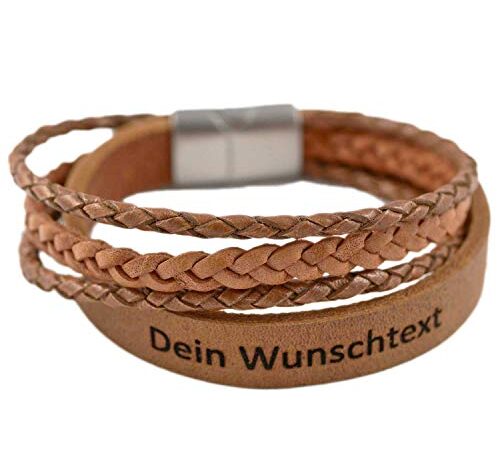 123Reis, Armband mit Namen, Lederarmband Herren mit Gravur, personalisiertes Geschenk für Männer und Frauen, Echtleder cognac, Magnetverschluss Edelstahl, Freundschaftsarmband, Partnerarmband