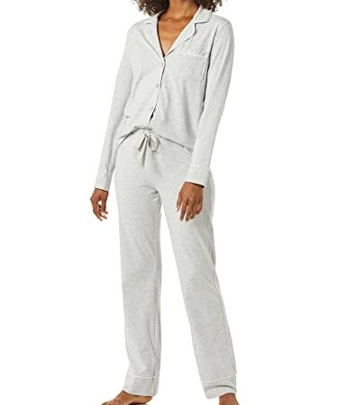 Amazon Essentials Damen Schlafanzug-Set Baumwollmodal langärmliges Hemd und Lange Hose, Grau Meliert, M