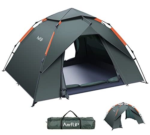 Amflip Camping Zelt Automatisches 3 Mann Personen Instant-Zelt Pop Up Kuppelzelt 4 Jahreszeiten Wasserdicht & Winddicht Campingzelt mit Abnehmbarer, äußerer Zeltplane für Familien,Camping