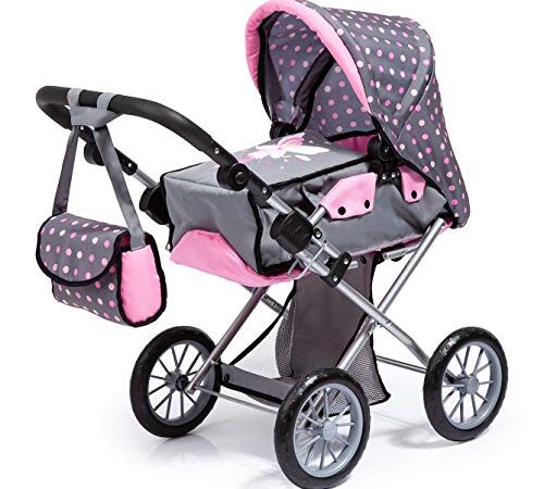 Bayer Design 13666AA Kombi Puppenwagen City Star, mit herausnehmbarer Tragetasche und Umhängetasche, höhenverstellbar, wandelbar als Jogger, für Puppen bis 46cm, grau, pink, gepunktet mit Fee