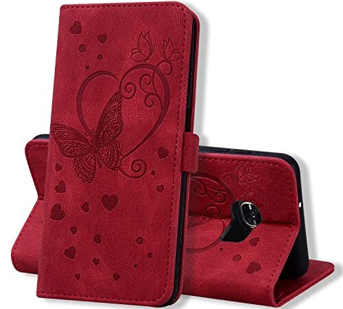 CXTcase Handyhülle Samsung Galaxy S7 Hülle PU Leder Klapphülle Lederhülle für Galaxy S7 mit Magnetverschluss Kartenfächer Ständer Schmetterlingsmuster Flip Wallet Schutzhülle Samsung S7 Case,Rot