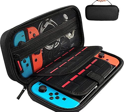 daydayup Tasche Kompatibel mit Nintendo Switch und New Switch OLED, Harte Tragetasche Hülle Case für die Nintendo Switch, Schutzhülle mit Aufbewahrung für 20 Spiele, Konsole & Zubehör - Schwarz