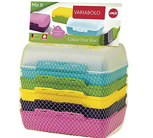 Emsa Clipboxen 3er-Set Variabolo 509388 | 6 Halbschalen für 3 Dosen | Beliebig zusammensetzbar | Spülmaschinengeeignet | Besonders für Kinder geeignet, Bunt, 16 x 11 x 14 cm