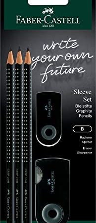 Faber-Castell 217059 - Bleistifte Set Sleeve, mit Spitzer, Radiergummi und 3 Bleistifte, Schreibset Grip 2001 schwarz