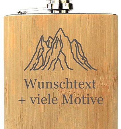 Flachmann mit Gravur, Name + Motiv, Geschenk für Männer + Frauen, Schnapsgeschenk in Holz Optik, aus Edelstahl + Bambus, Füllmenge 175 ml, Geschenke personalisiert von Geschenkissimo