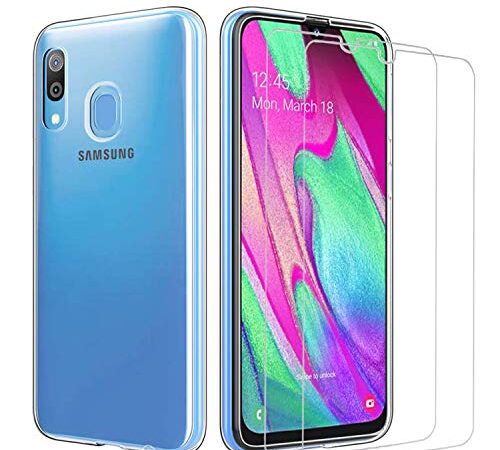 iLiebe Samsung Galaxy A40 Hülle + Schutzfolie,[1 Hülle + 2 Schutzfolie] Schutzhülle Handyhülle Kratzfeste Soft TPU Bumper Case Cover,[2 Pack] 9H Schutzfolie Hartglas Glas für Samsung Galaxy A40