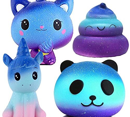 Kawaii Squishy Figet Toy Squeeze Toys Einhorn Katze Poop Panda 4 Pcs sensorisches Spielzeug Anti Stress Squishy Kit Geschenk Geburtstag für Kinder Mädchen Junge （Galaxy Blue）