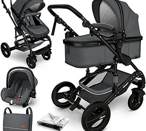 KIDUKU® 3 in 1 Kinderwagen Komplettset | Kombikinderwagen Set inkl. Babywanne Buggy Auto-Babyschale Fußsack | Voll-Gummireifen Wickeltasche Regenschutz Kindertisch (Anthrazit/Schwarz)