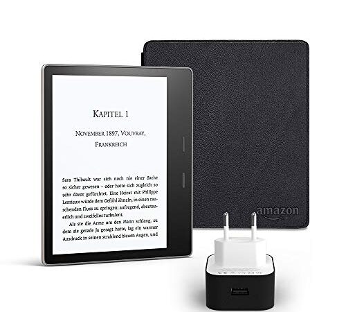 Kindle Oasis Essentials Bundle mit einem Kindle Oasis E-reader (7 Zoll, 32 GB, Grafit), einer Amazon Lederhülle (Schwarz) und einem Amazon Powerfast 9-W-Ladegerät