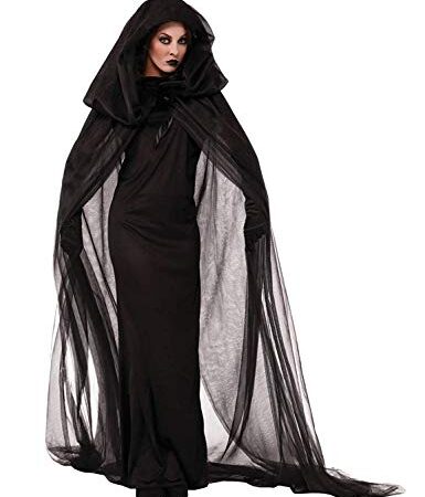 LATH.PIN Vampirkleid Halloween Kostüm Hexenkostüm mit Hut Damen Cosplay Langarm Schwarz, Cocktail, Schwarz XL