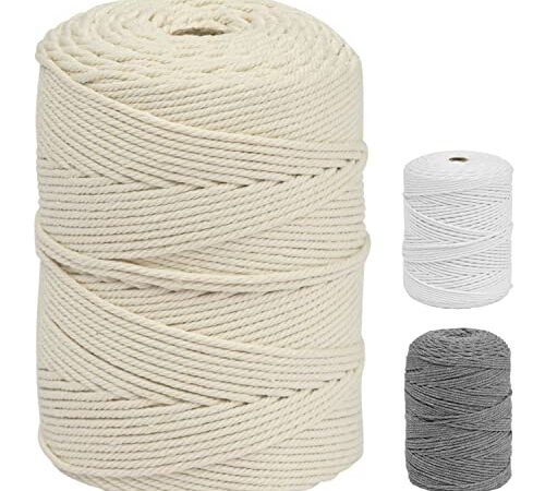 Makramee Garn 3mm x 300m, 100% natürliche Baumwolle , Baumwollseil Baumwollgarn, superweiches Garn für DIY Basteleien , Pflanzen - Hängekörbe, Wandteppiche, Stricken, Wanddekoration und recycelbar