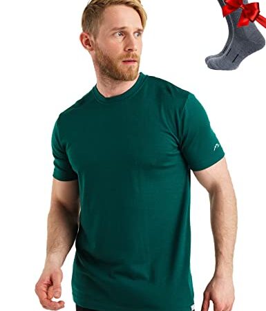 Merino.tech Merinowolle T-Shirt Herren - 100% Bio-Merinowolle Unterhemd Leichte Basisschicht + Wanderwollsocken (X-Large, Emerald Green)