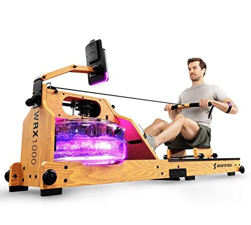 Neuheit 2022! Premium Wasser-Rudergerät mit LED-Wassertank, klappbar | Deutsches Qualitätsunternehmen I App mit Workout Kursen+ Tablethalterung |Echtholz Rudermaschine Rower für zuhause WRX1000