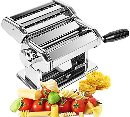 Nudelmaschine Pasta Maker -Robuste Stahlkonstruktion - 150 Rolle mit Nudelschneider - 7 einstellbare Dickeneinstellungen für Spaghetti Nudeln Lasagne, Handkurbel und Anleitung，inklusive Cutter