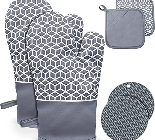 Ofenhandschuhe, Hmtruly 6er Set Topfhandschuhe Topflappen, 300°C Hitzebeständige Backhandschuhe, Kochhandschuhe mit rutschfestem Silikonmuster, Geeignet für Küche und Grill