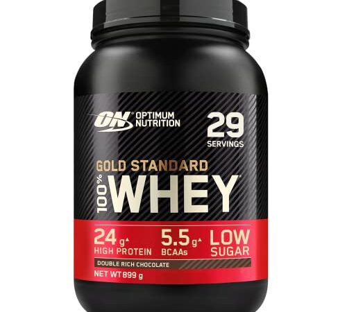 Optimum Nutrition ON Gold Standard Whey Protein Pulver, Eiweißpulver zum Muskelaufbau, natürlich enthaltene BCAA und Glutamin, Double Rich Chocolate, 29 Portionen, 899 g, Verpackung kann Variieren