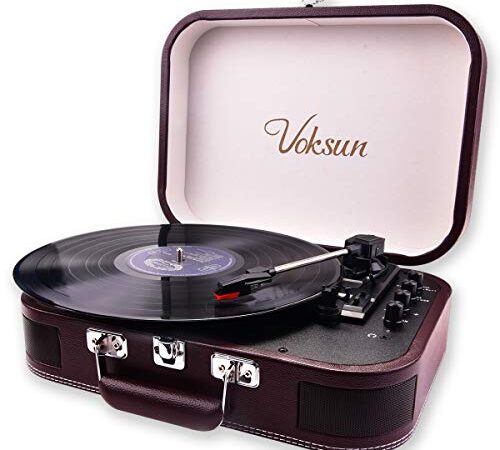 Plattenspieler, VOKSUN Bluetooth Schallplattenspieler Vinyl Plattenspieler Turntable mit Lautsprecher, Riemenantrieb 33/45/78 U/min, Plattenspieler Koffer, Vinyl-zu-MP3-Funktion/USB/Aux-In/RCA