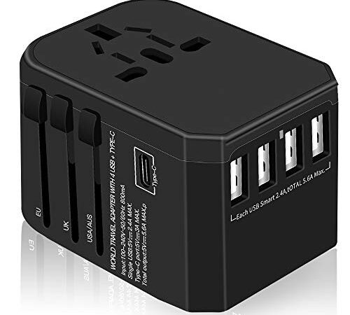 Reiseadapter Reisestecker Universal 224 Ländern Travel Adapter, 2000W Fast Charge Weltweit mit 4 USB Ports + Type C + AC Reise Steckdosenadapter Steckdose International für USA Europa UK Asia usw